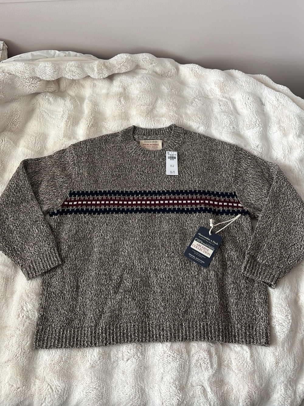 Abercrombie Men's Crewneck Heathered Brown Sweater with Stripe Detail